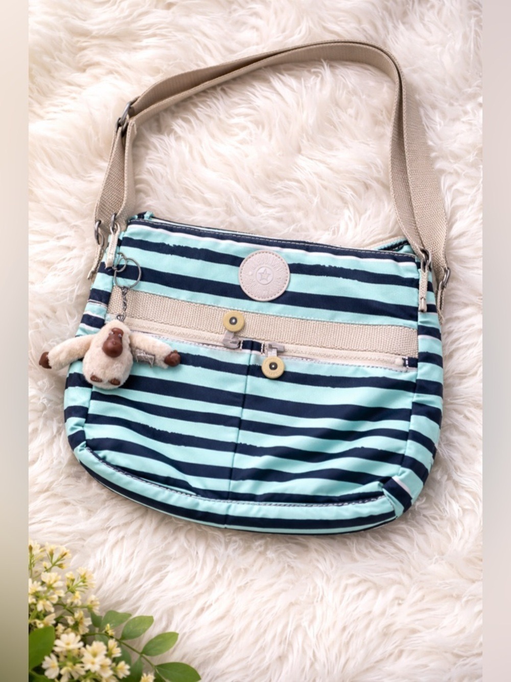 Kipling Striped Crossbody Bag | Blue Teal Nylon w/ Monkey Keychain